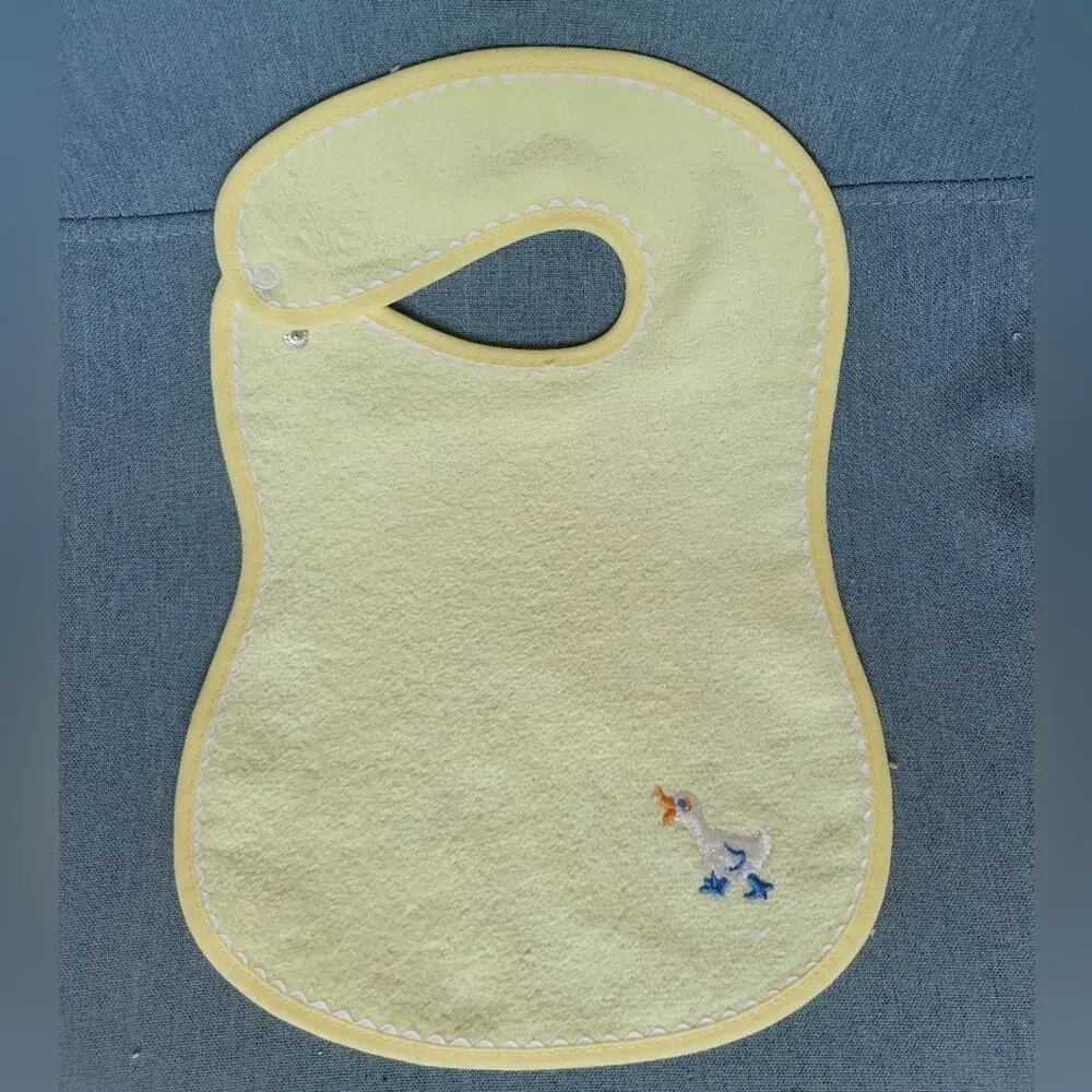 Embroidered Goose Terry Cloth Baby Bib White Yellow Vintage Inspired 2 Pack NWT